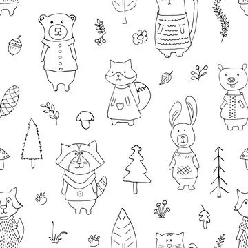 Cute animals Seamless pattern. Cartoon Animals in forest background. Vector i Stock Illustration