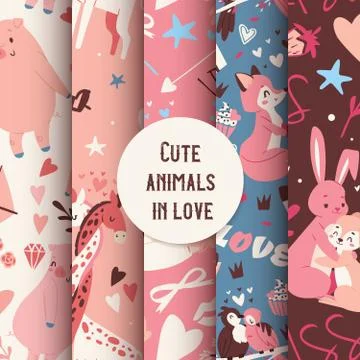 Cute animals seamless pattern with kissing characters fox, rabbit, giraffe and Illustrazione stock