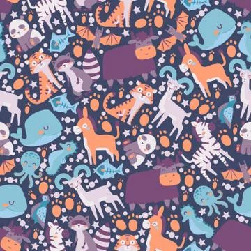 Cute animals in seamless pattern, vector illustration. Print for children Stock Illustration