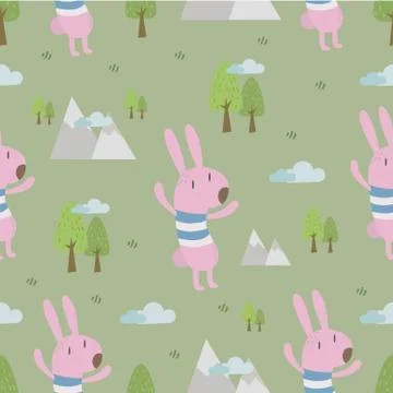 Cute animals seamless pattern,rabbit in forest. Stock Illustration