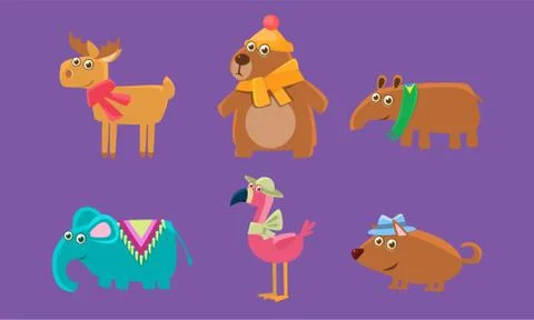 Cute Animals Set, Capybara, Bear, Elephant, Flamingo, Wild Boar Vector Stock Illustration
