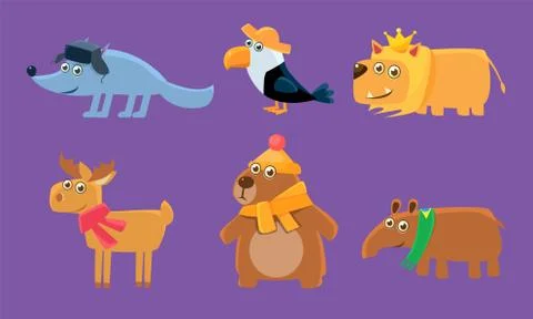 Cute Animals Set, Deer, Toucan, Wolf, Lion, Deer, Capybara, Bear Vector Stock Illustration