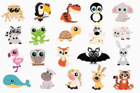 Cute animals set in flat cartoon design. Bundle of spider, toucan, dinosaur Stock Illustration