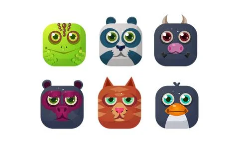 Cute animals set, square app icons, assets for GUI, web design, chameleon, panda Stock Illustration