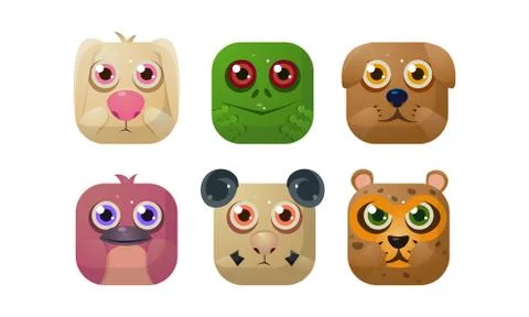 Cute animals set, square app icons, assets for GUI, web design, application Stock Illustration