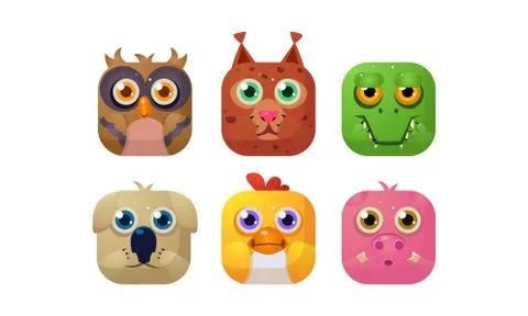 Cute animals set, square app icons, assets for GUI, web design, owl, lynx Stock-Illustration