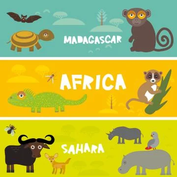 Cute animals set Turtle bat monkey lemur bull hippo parrot tsetse fly camel C Illustrazione stock