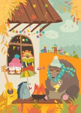Cute animals sitting around bonfire at backyard Stock Illustration