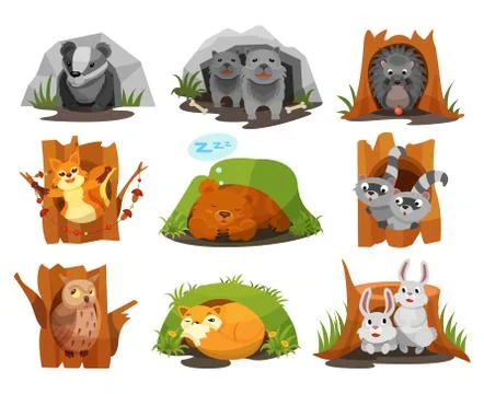 Cute animals sitting in burrows and hollows set, badger, wolves cubs, hedgehog Illustrazione stock