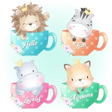 Cute animals sitting inside cup illustration Stock Illustration