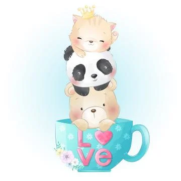 Cute animals sitting inside cup illustration Stock Illustration
