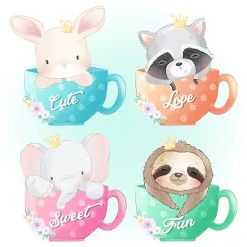 Cute animals sitting inside cup illustration Stock Illustration