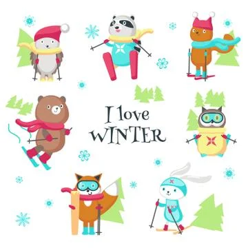 Cute animals skiing in winter vector isolated illustration Stock Illustration