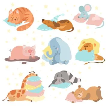 Cute Animals Sleeping Set, Cat, Dog, Mouse, Pig, Elephant, Lion, Giraffe 스톡 일러스트