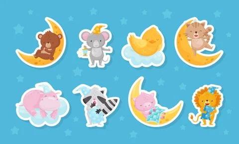 Cute Animals Sleeping on Soft Cloud and with Pillow Having Bedtime Vector Stock Illustration