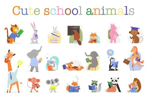Cute animals study in school set, funny zoo wild animal or bird holding book to Stock Illustration