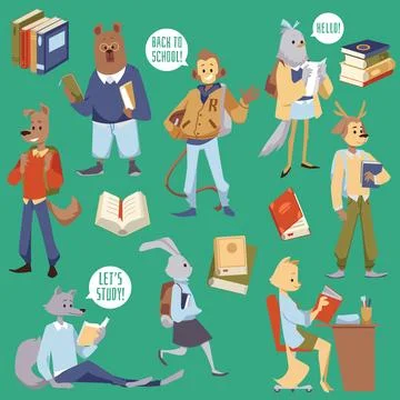Cute animals studying at school or college, flat vector illustration isolated イラスト素材