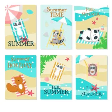 Cute animals taking rest on beach vector card set Stock Illustration