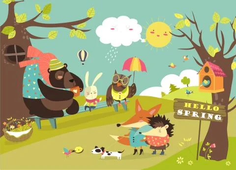 Cute animals walking in spring forest Stock Illustration