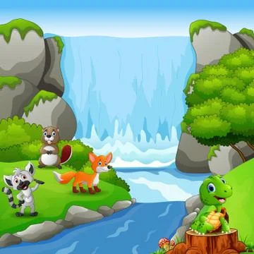 Cute animals with waterfall landscape background Stock Illustration