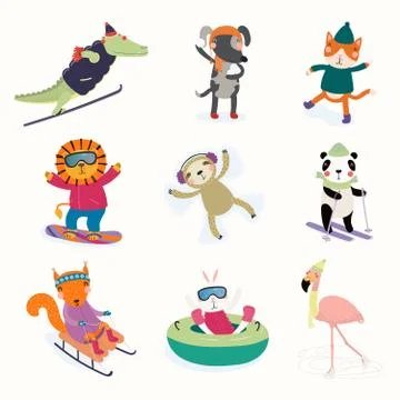 Cute animals winter activities set Stock Illustration