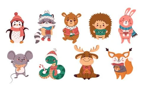 Cute animals in winter outfits flat color vector objects set Stock Illustration