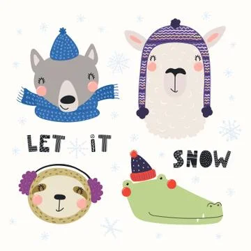 Cute animals winter set Stock Illustration