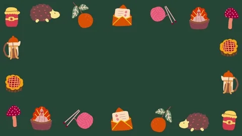 Cute animated autumn items like jam, hedgehog, pumpkin pie, and tea pot Stock Footage 313112592