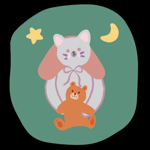 Cute animated cat hugging a bear doll under star and moon Stock-Footage 313112590