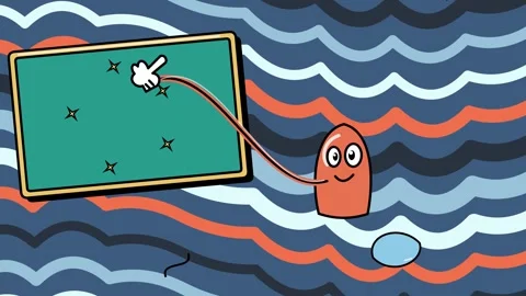 Cute Animated Character Pointing At Chalkboard On Wavy Background Stock Footage 341399588