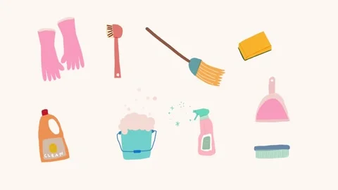 Cute animated cleaning tools in pastel tones Stock Footage 314308742