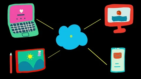 Cute animated cloud computing with colorful devices Video stock 313112648