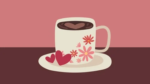 Cute animated coffee cup with flowers and hearts on saucer, gentle motion b.. Stock-Footage 339046964