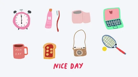 Cute animated daily items like clock laptop coffee and toast Stock Footage 313864725