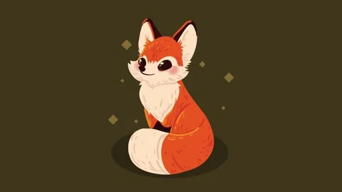 Cute animated fox sitting and blinking with sparkling particles in dark bac.. Video stock 338989080
