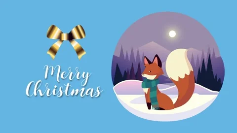 Cute animated fox in snowy forest under moonlight with merry christmas text.. Vídeos de archivo 333546316