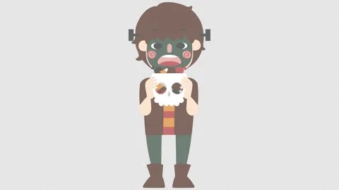 Cute Animated Frankenstein Monster Holding Skull Halloween Character Stockbeeldmateriaal 338065728