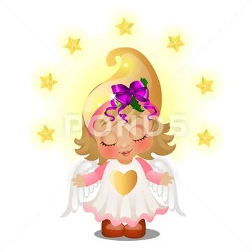 Cute animated girl with angel wings smiling with eyes closed isolated on white Stock Illustration