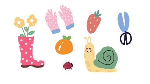 Cute animated spring garden items like boots, flowers, snail, and strawberry Stock Footage 313112608