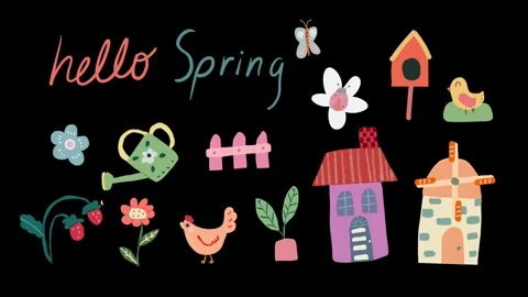 Cute animated spring items and "hello Spring" lettering Stock Footage 316217247