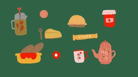 Cute animated tea set with desserts on green background Stock Footage 313864689