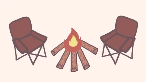 Cute animated two camping chairs with a bonfire Stock Footage 312664429