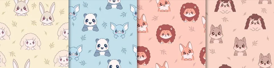 Cute anime animals seamless pattern. Kind yellow hares and sheep in cartoon Stock Illustration