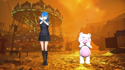 Cute Anime Dance with Bear in Orange Sky Park Stock Footage 321683692