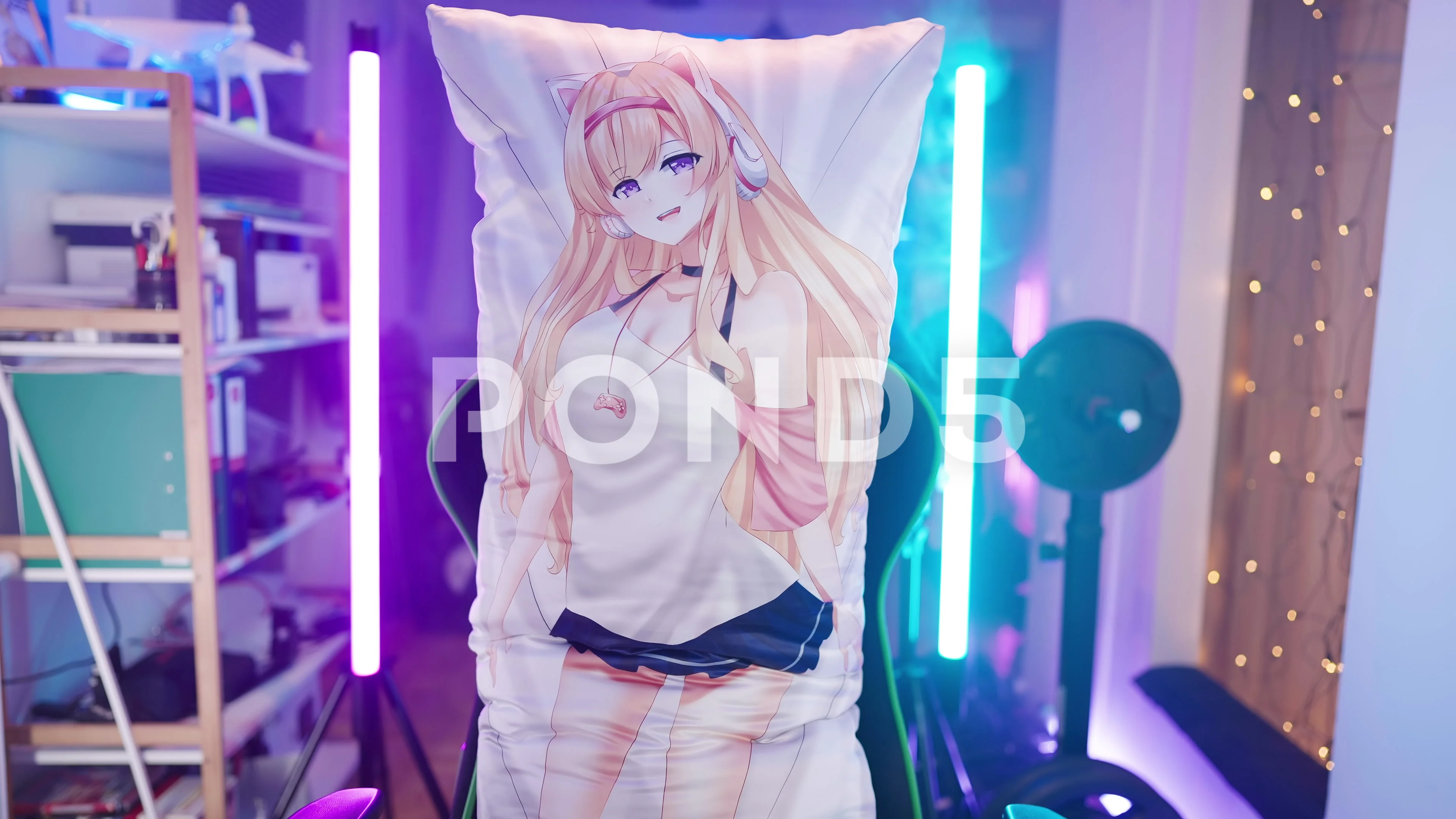 Cute anime girl body pillow on gaming ch, Stock Video