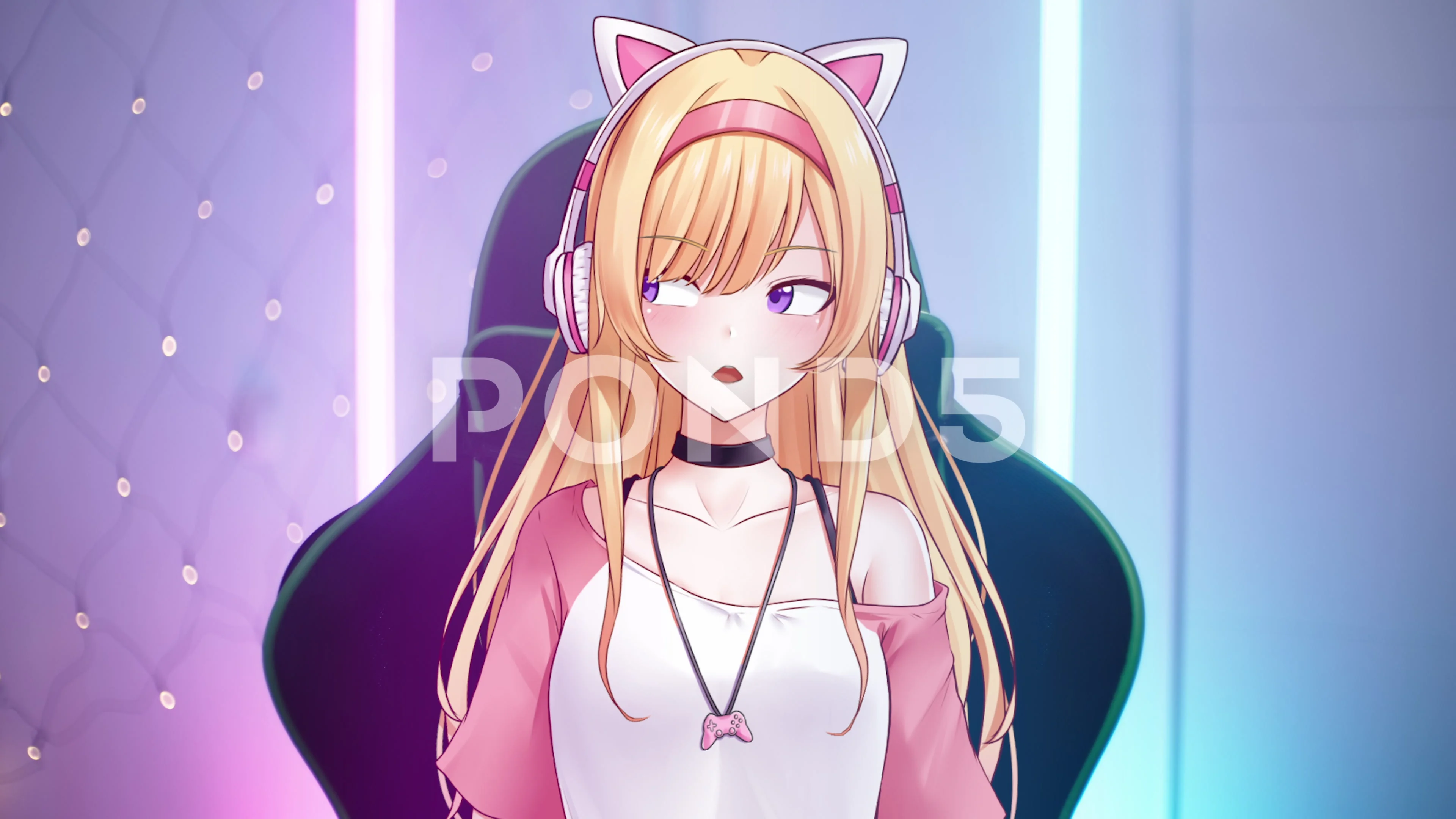 Cute anime girl vtuber on gaming chair i, Stock Video