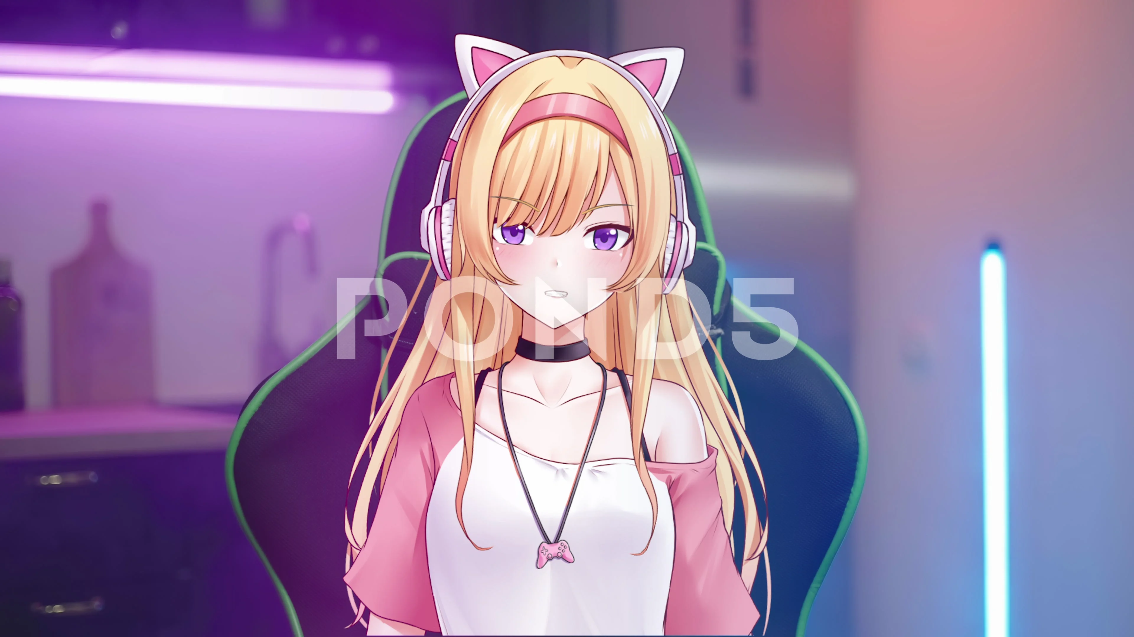 Cute anime girl vtuber on gaming chair i, Stock Video