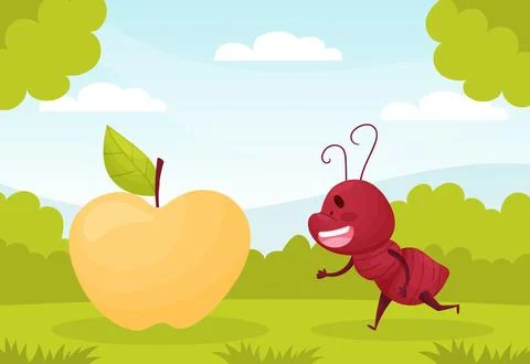 Cute Ant Character Running to Apple on Green Lawn Vector Illustration Stock Illustration