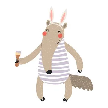 Cute anteater with Easter bunny ears, holding paint brush character illustrat Stock Illustration