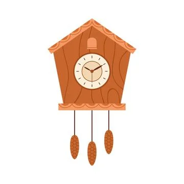 Cute antique wall clock with cuckoo, hanging pine cone pendulums Stock Illustration